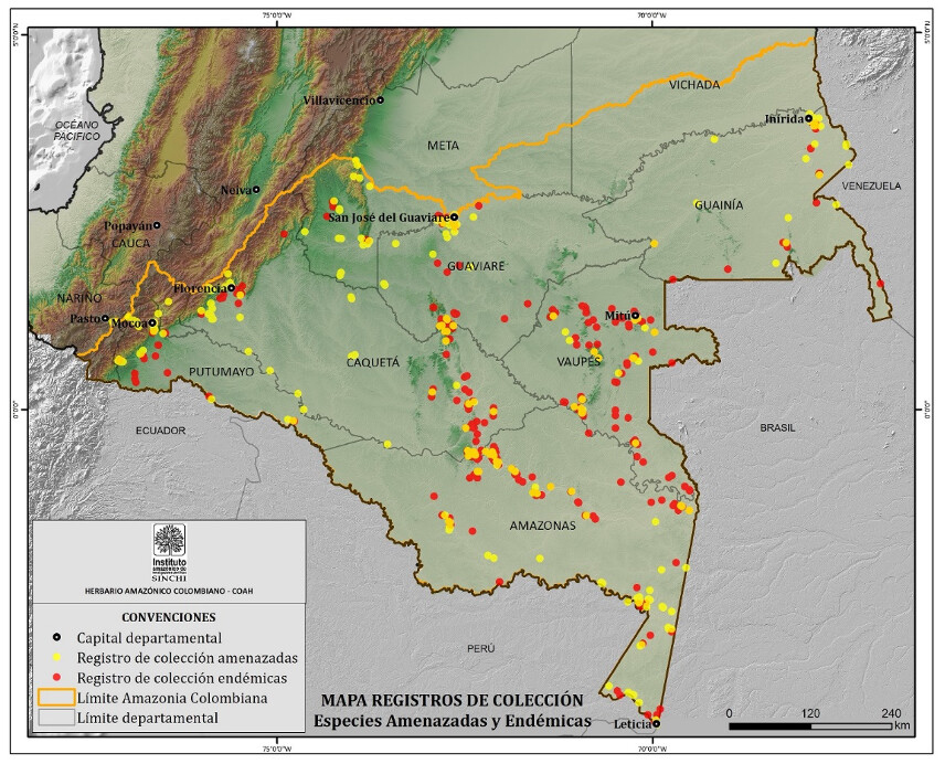 Figura 4. Distribución geográfica de especies endémicas y amenazadas de la Amazonia colombiana.