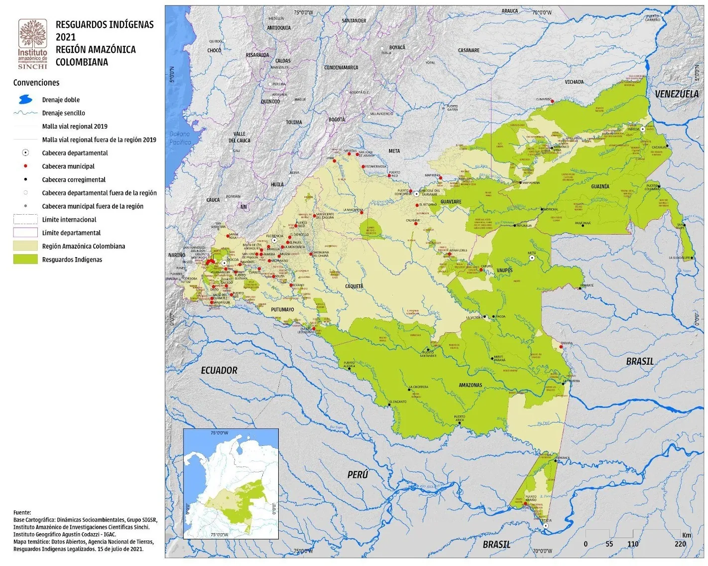 Mapa - resguardos indígenas en la Amazonia colombiana